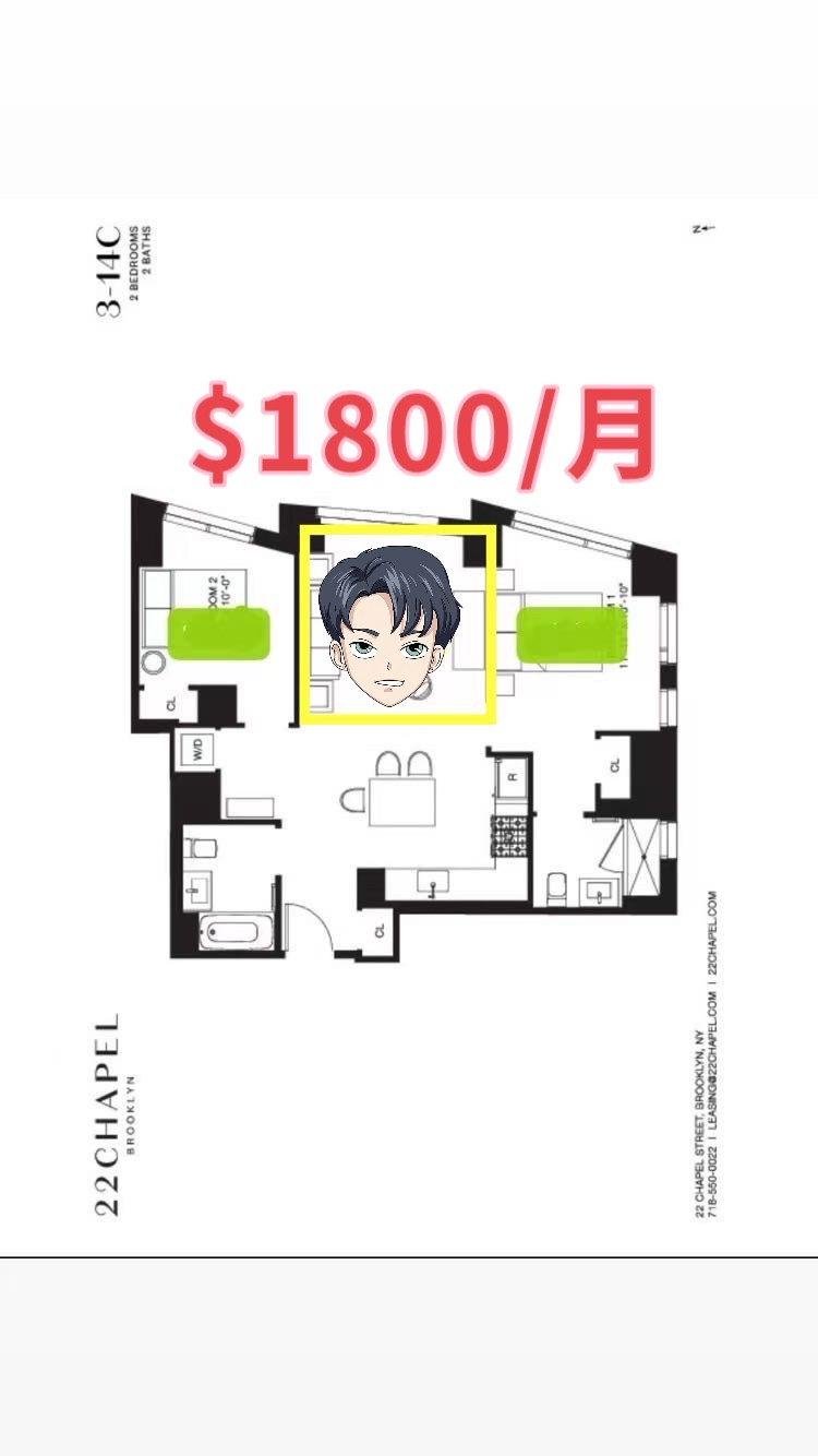 【22 Chapel St 2b2b 寻一客厅室友签Lease】