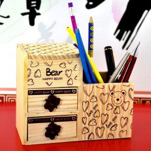 Korean Stationery Log Happy Care Bear Jewelry Box with Double Drawer Pen Holder photo 4