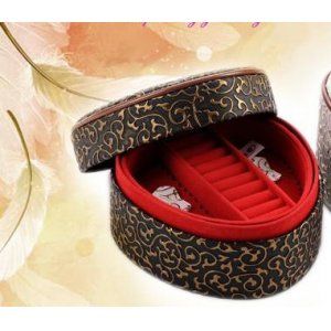 开馨宝带镜子爱心双层首饰盒化妆盒黑色凸纹