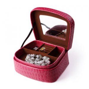 开馨宝中号双层首饰收纳盒化妆盒杂物盒玫红色鳄鱼纹